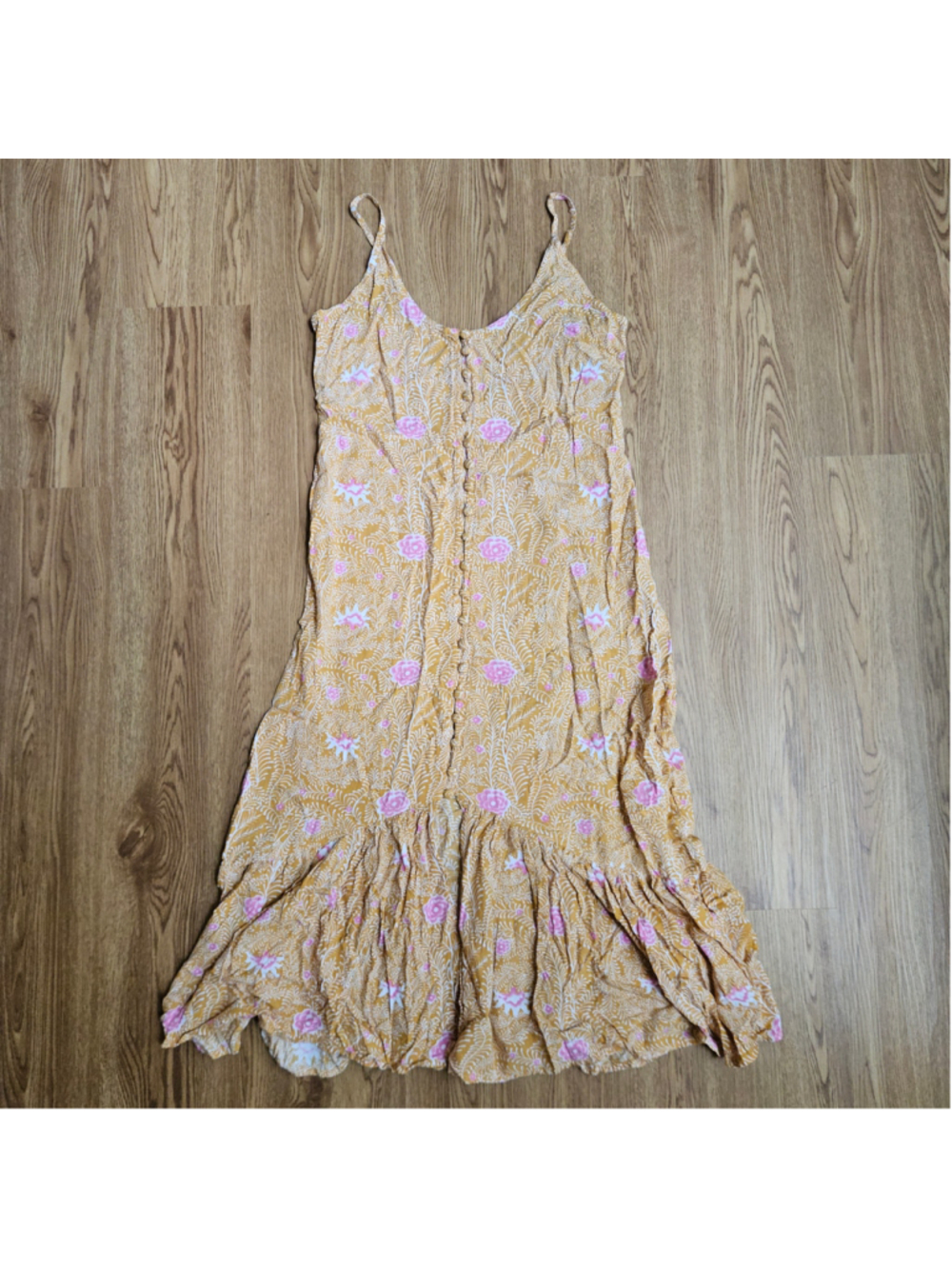 Beachgold Button Front Yellow Floral Cami Midi Dress Resort Womens Large